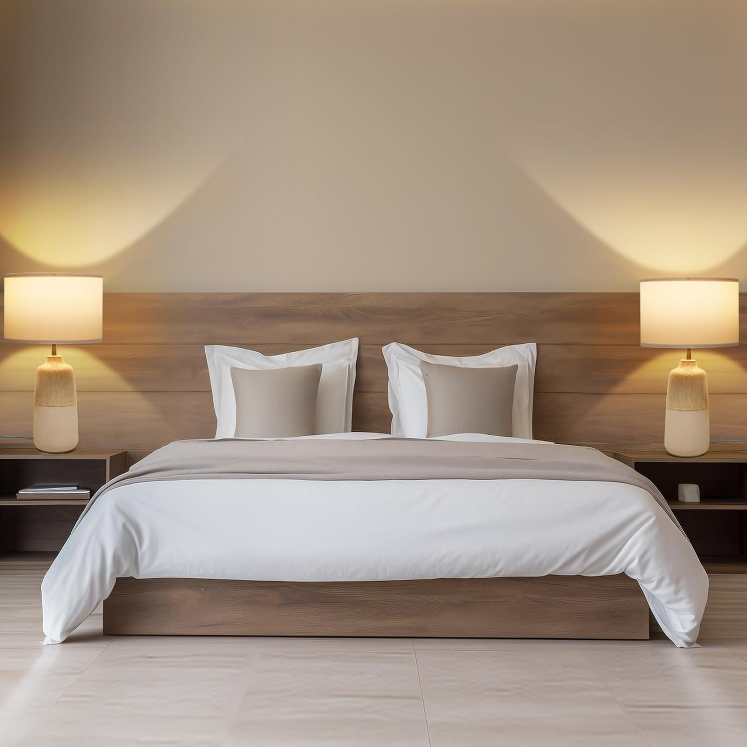 Bedside Lamps Set of 2, Ceramic Tall Bedside Table Lamps with Fabric Shade, Table Lamp with 3 Color Temperatures, Nightstand Bedroom Lamp for Living Room & Office, LED Bulbs Included