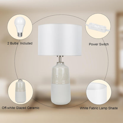 Bedside Lamps Set of 2, Ceramic Tall Bedside Table Lamps with Fabric Shade, Table Lamp with 3 Color Temperatures, Nightstand Bedroom Lamp for Living Room & Office, LED Bulbs Included