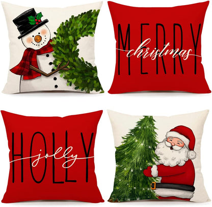Red Christmas Pillow Covers 18X18 Set of 4 Farmhouse Christmas Decorations Snowm