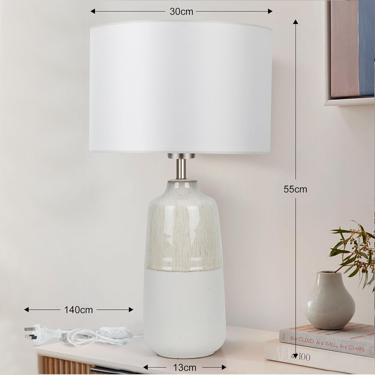 Bedside Lamps Set of 2, Ceramic Tall Bedside Table Lamps with Fabric Shade, Table Lamp with 3 Color Temperatures, Nightstand Bedroom Lamp for Living Room & Office, LED Bulbs Included