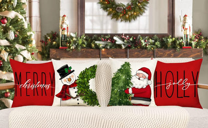 Red Christmas Pillow Covers 18X18 Set of 4 Farmhouse Christmas Decorations Snowm