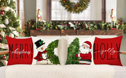 Red Christmas Pillow Covers 18X18 Set of 4 Farmhouse Christmas Decorations Snowm