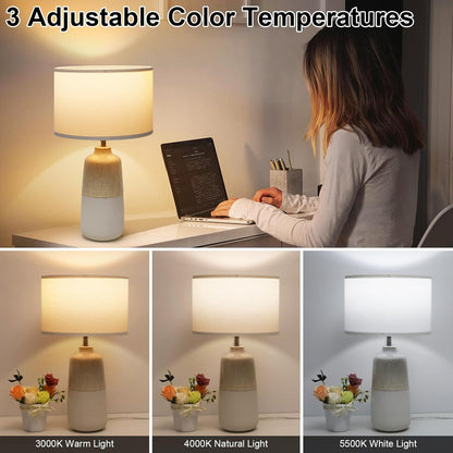 Bedside Lamps Set of 2, Ceramic Tall Bedside Table Lamps with Fabric Shade, Table Lamp with 3 Color Temperatures, Nightstand Bedroom Lamp for Living Room & Office, LED Bulbs Included